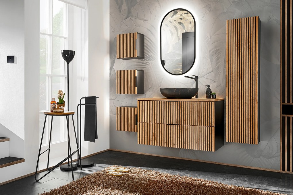 Bútorszett 100cm-es pultra szerelhető mosdóval, magas szekrénnyel és led tükörrel