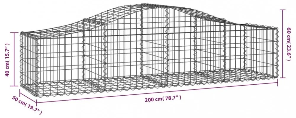 10 db íves horganyzott vas gabion kosár 200x50x40/60 cm
