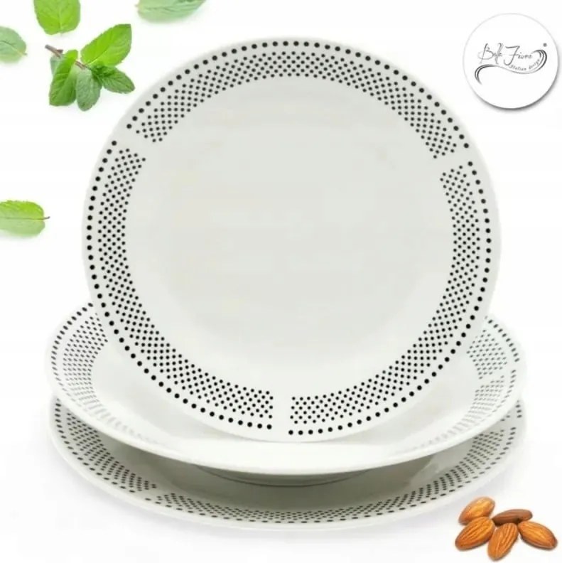 Ebédlőtál 18 Db-os 6 Személyes Tányér Szett Fekete Pöttyös