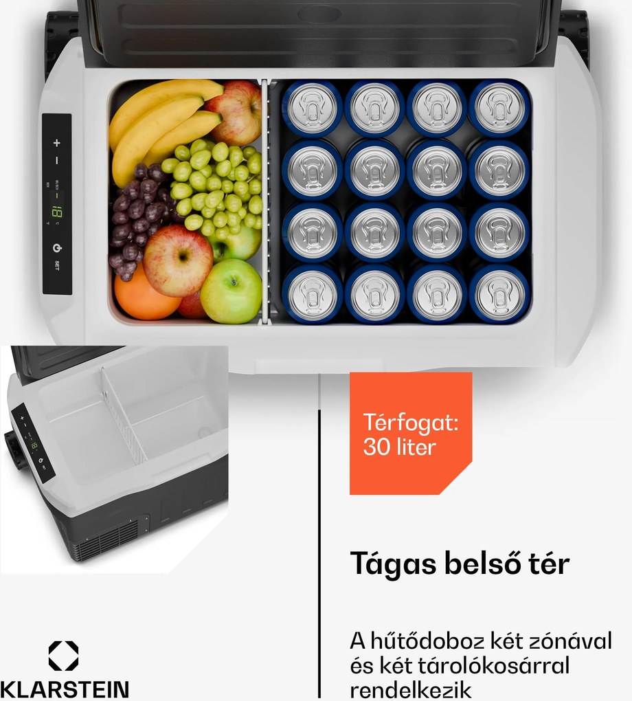 Klarstein PolarForce 28 l kompresszoros hűtődoboz, LCD panel, világítás, off-road, akkumulátorvédelem, 12V/230V