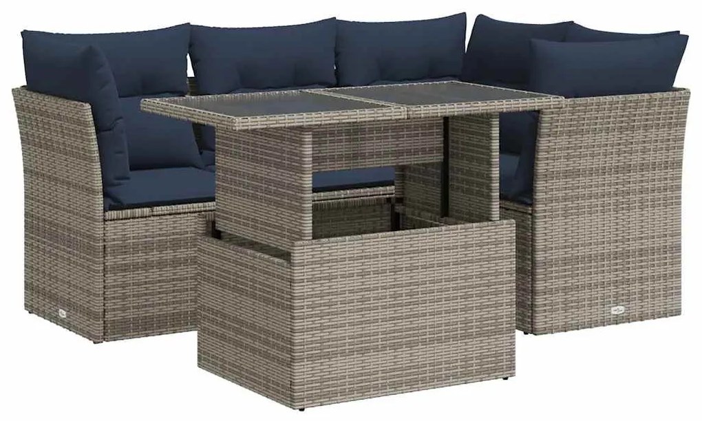5 részes szürke polyrattan akácfa kerti ülőgarnitúra párnákkal