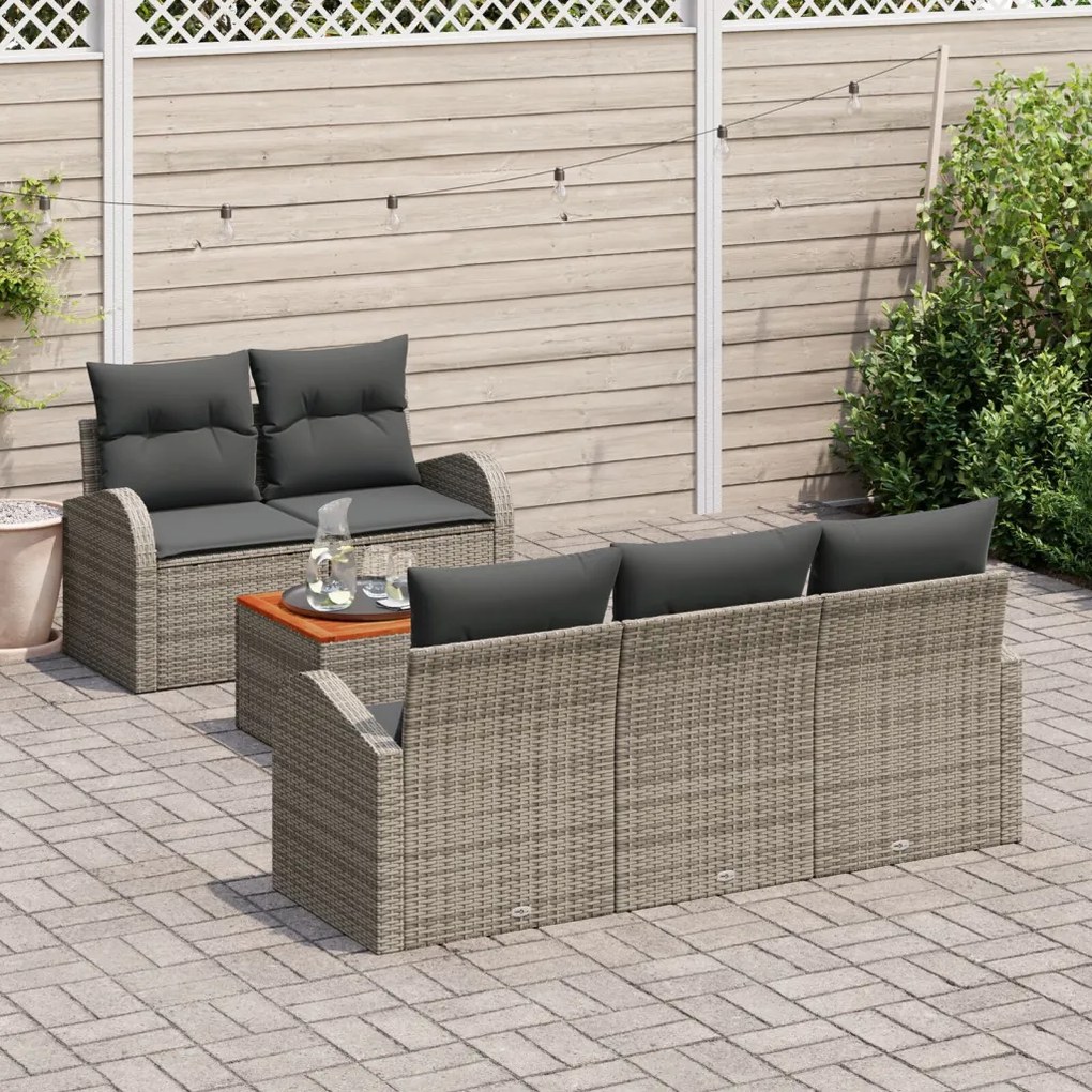 6 Részes Kertiszófa Szett Párnákkal Szürke Poli Rattan Akác, 2-Fős Kertiszófa Tárolóval ÉS Párnákkal Szürke Poli Rattan