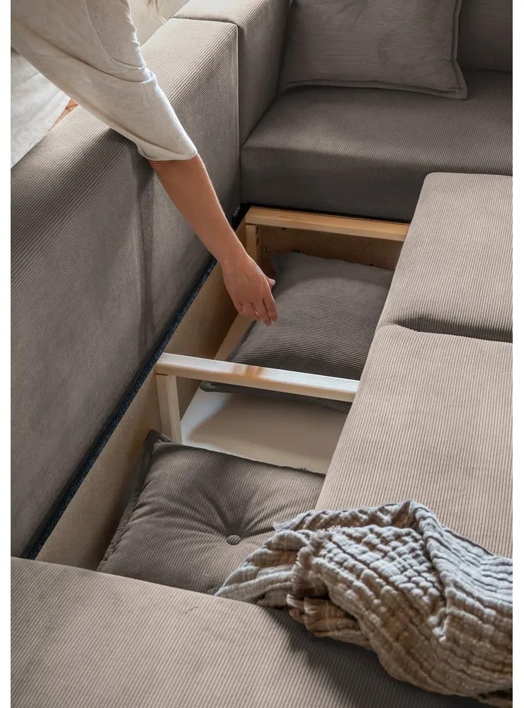 Világosbarna kordbársony kinyitható sarokkanapé (jobb oldali-U alakú) Lazy Lukka – Miuform