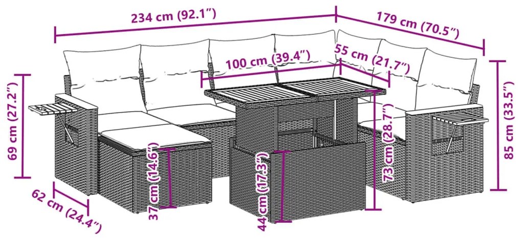 8 részes fekete polyrattan kerti ülőgarnitúra párnákkal