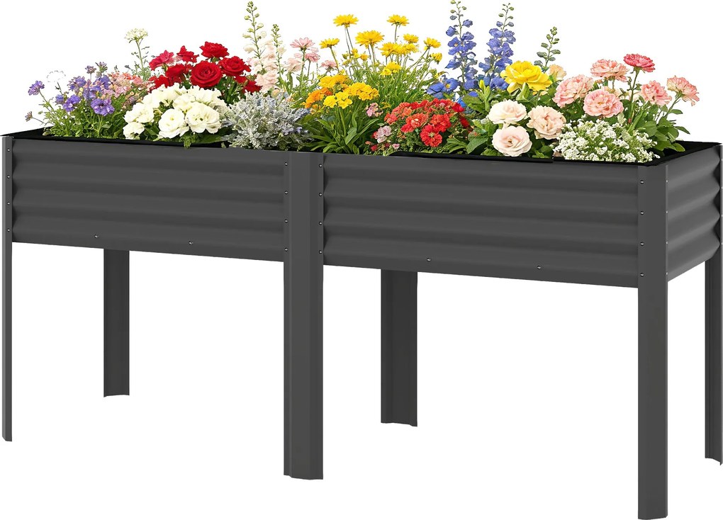 Outsunny fém emelt virágágyás – extra nagy kaspó merevítő rudakkal és textil béléssel, 180 x 55 x 80 cm, sötétszürke | Aosom