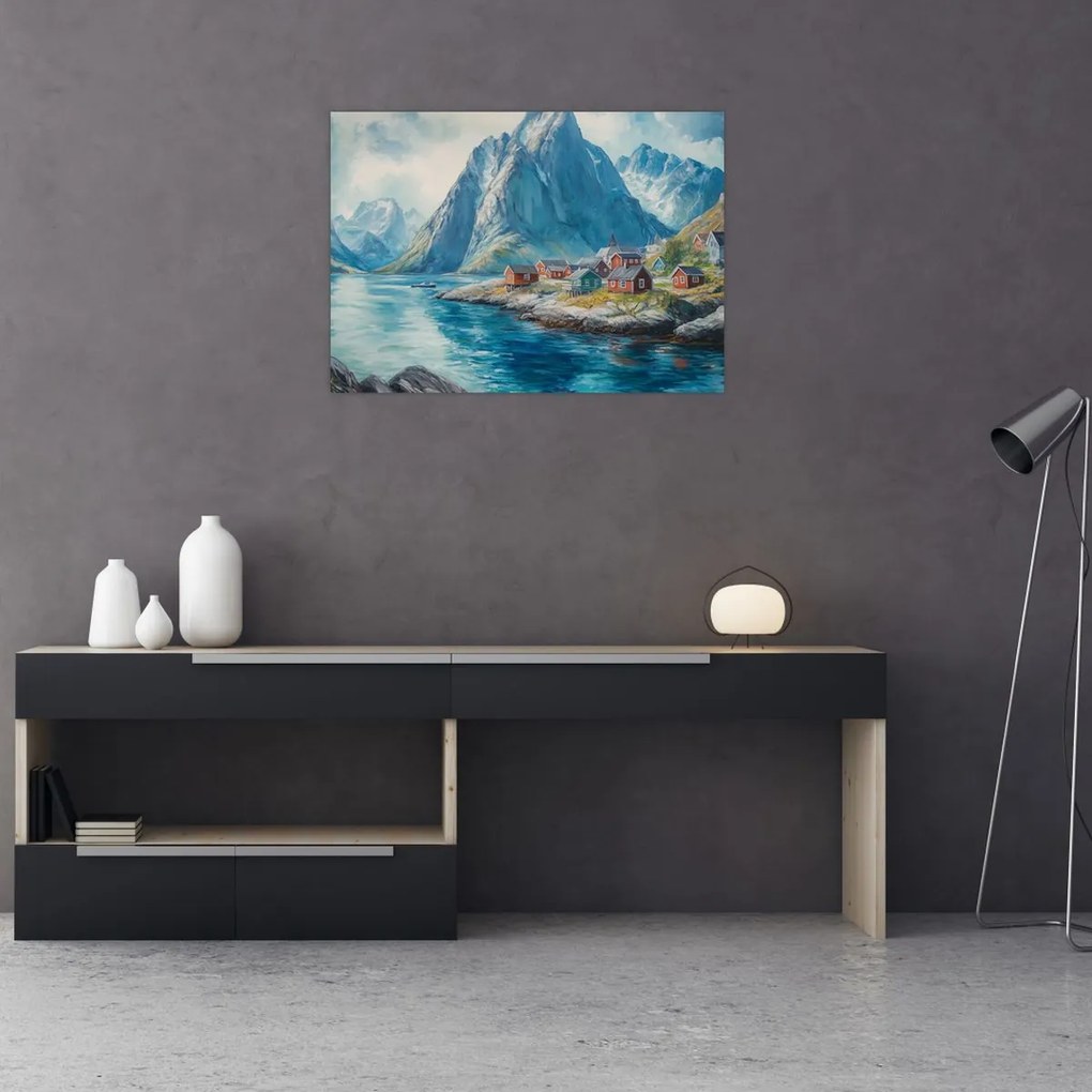 Üveg kép - Norvég falu (70x50 cm)