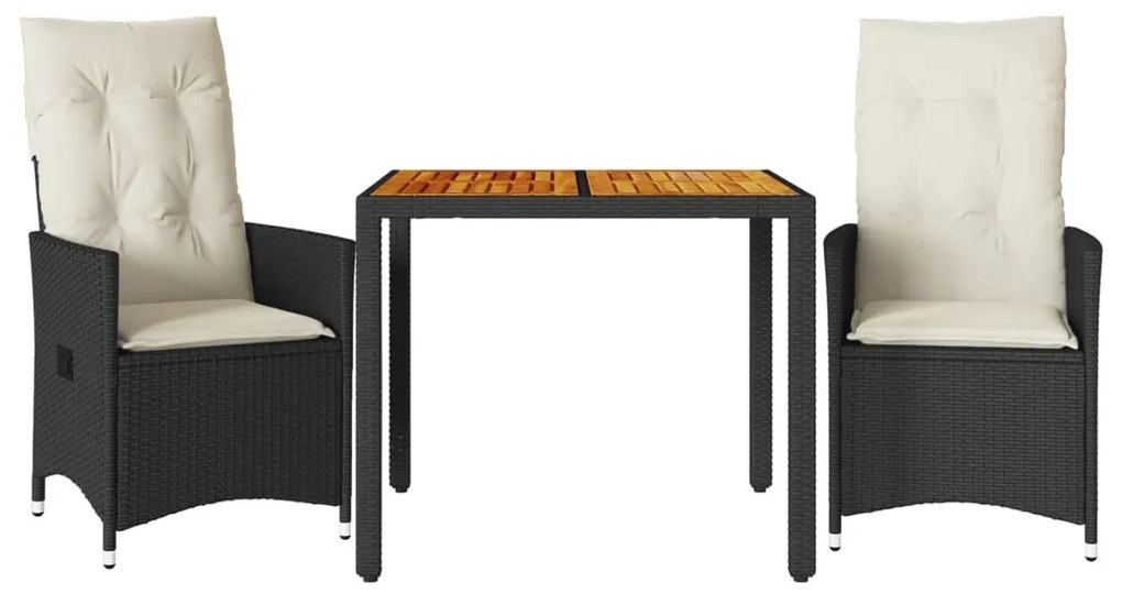3 részes fekete polyrattan és akácfa bisztrószett párnákkal