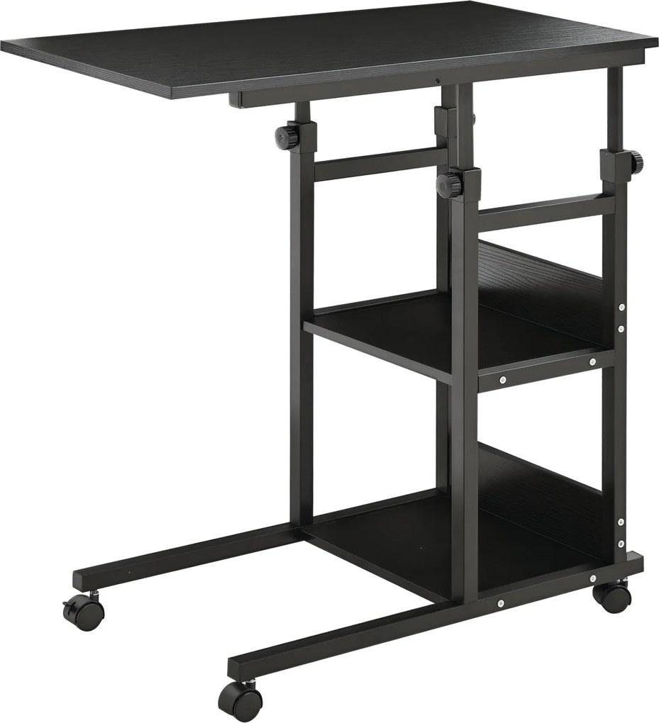 HOMCOM Görgős Oldaltábla 80x40 cm C-Formájú Kanapéasztal Magasságállító 3 Szinten 72-82 cm Fém Váz a Nappaliban Konyhában - Fekete | Aosom