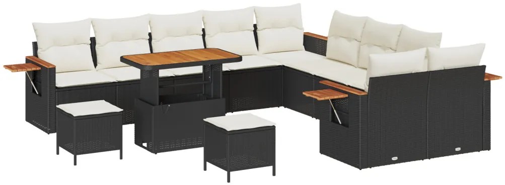 13 Részes Kert Sofa Készlet Párnákkal Fekete Poli Rattan Akácia, 3 Részes Kert Étkező Készlet Párnákkal Fekete Poli Rattan Akácia