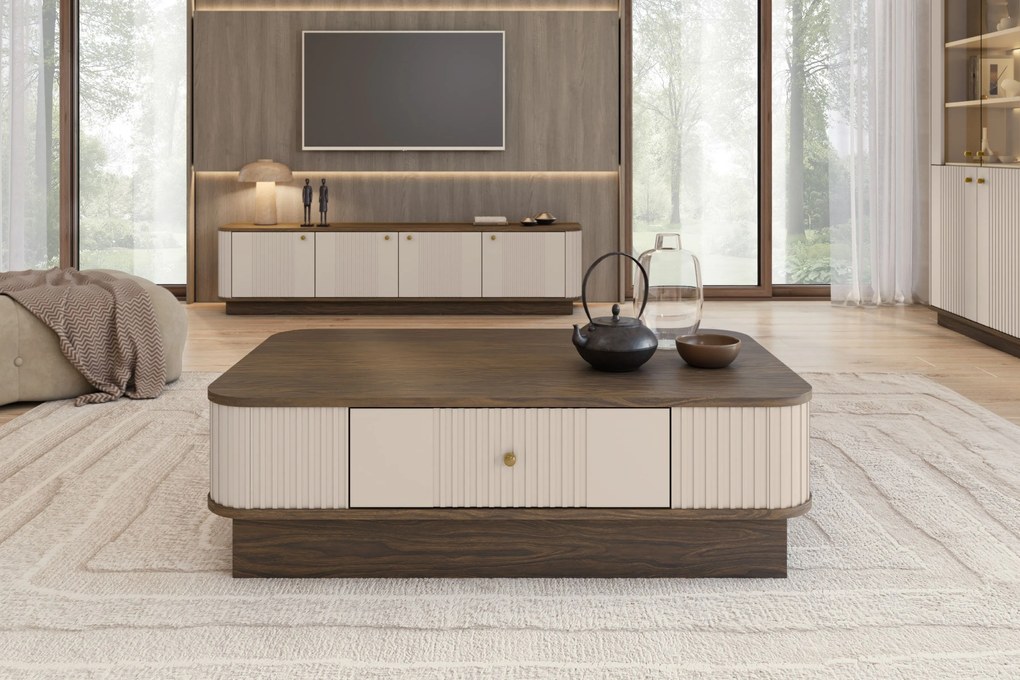 Vesper dohányzóasztal 103x60 cm fiókkal lábazaton - kasmír / dió / arany fogantyú