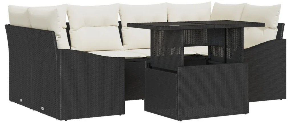 7 Darabos Kerti Kanapészett Párnákkal Fekete PE Rattan