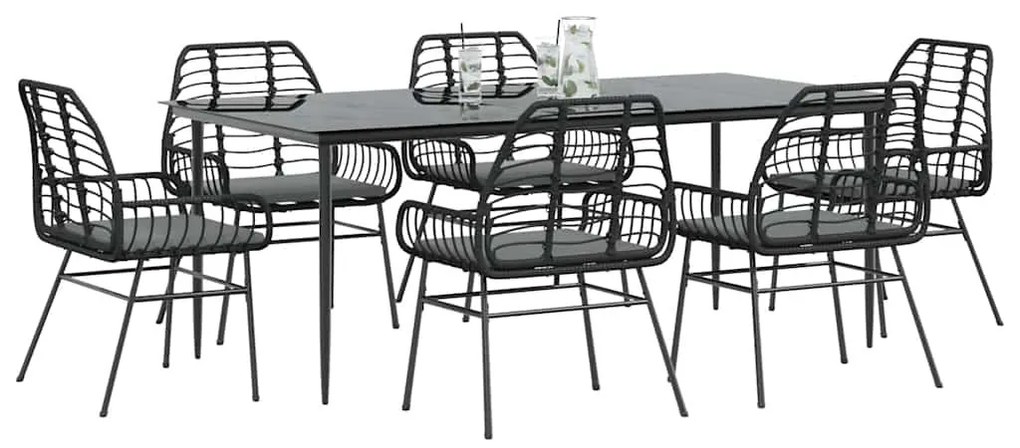 7 részes fekete polyrattan üveg kerti étkezőgarnitúra párnákkal