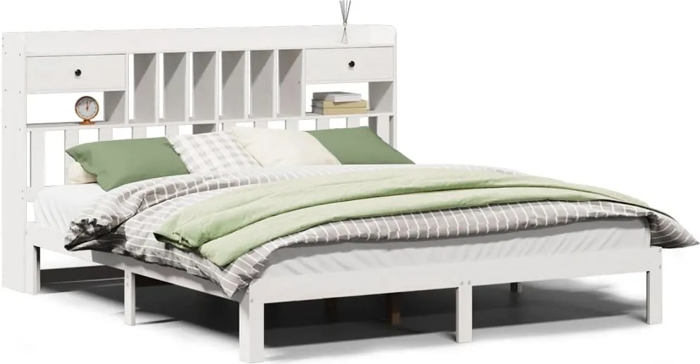 vidaXL fehér tömör fenyőfa könyvespolcos ágy matrac nélkül 180x200 cm