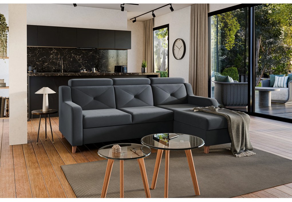 Laksaro sarokkanapé ágyfunkcióval jobb oldali - szürke bársony Jasmine 96