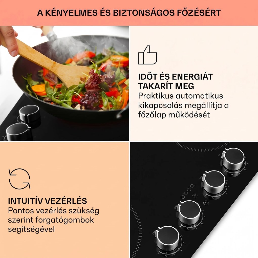 Klarstein Kochheld, indukciós főzőlap, 6000 W, 4 zóna, forgó szabályozók, üveg, fekete