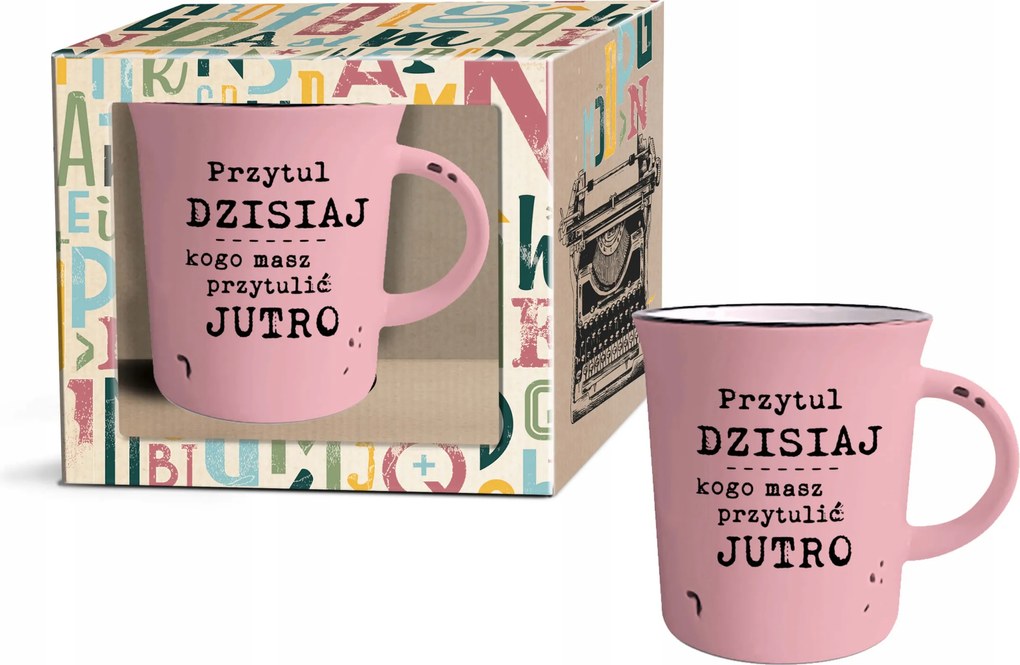 Retro rózsaszín bögre ajándékba Öleld meg ma kit ölelj meg holnap