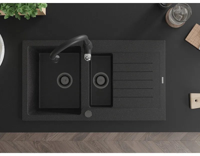 Mexen Matias, 1,5 kamrás gránit mosogató 900x505x200 mm és Savita mosogató csaptelep, fekete-ezüst metál, 6502-73-672601-70-B