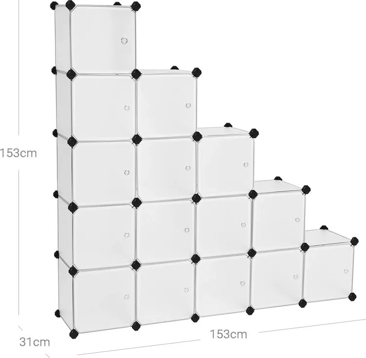 Tároló dobozok moduláris műanyag rendszerező kockák 15 db, fehér 123x31x123cm