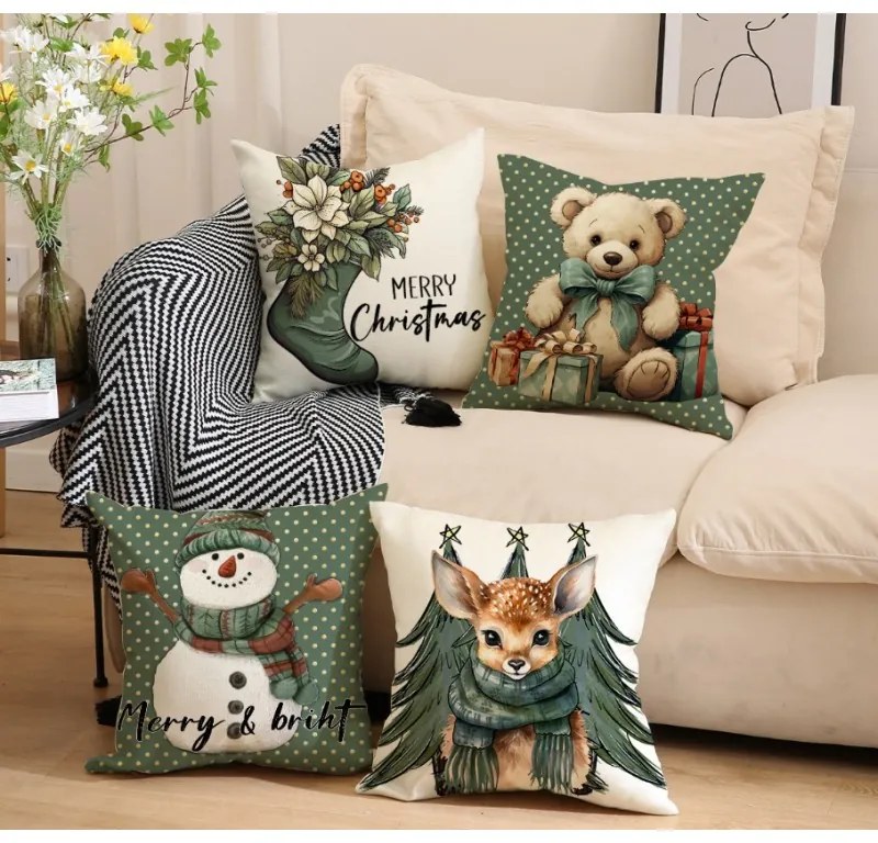 Karácsonyi párnahuzat FAWN WITH TREES 45x45 cm, krémes