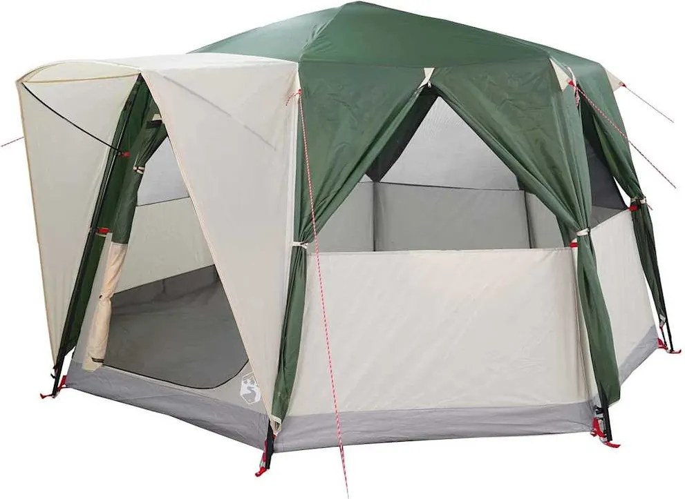 vidaXL Hat fős cabin sátor tetővel tárolóval Zöld 425 x 396 x 222 cm