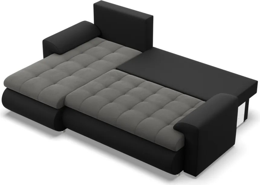 Tokio sarokkanapé, 2 ágyneműtartóval, bársony + műbőr, baloldali, szürke - fekete