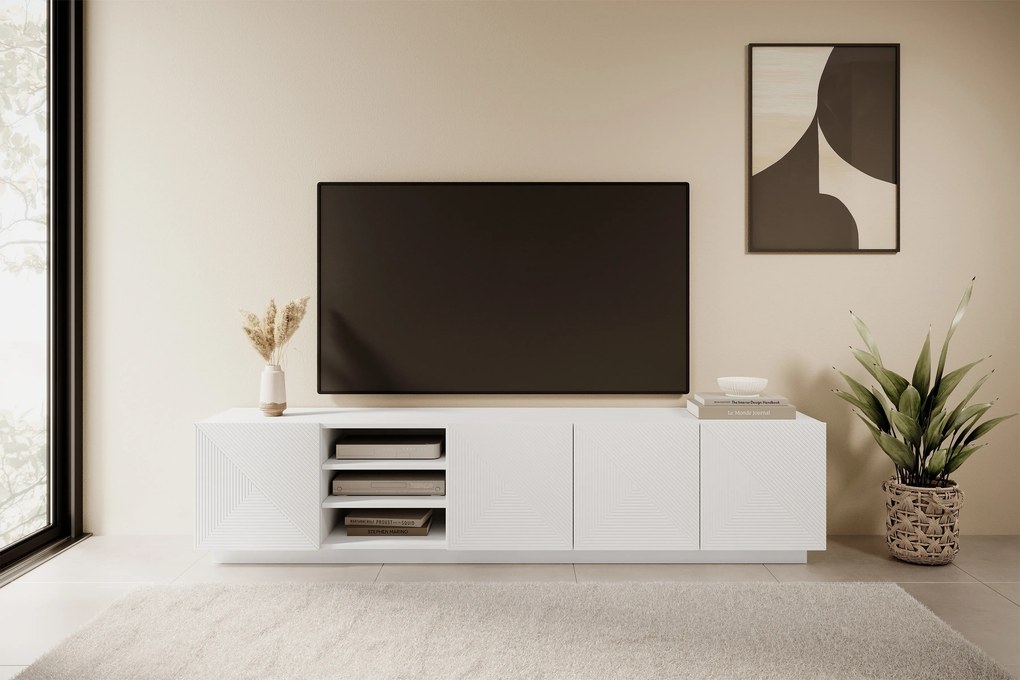 Asha TV-szekrény bordázott előlappal és fülkével, 200 cm, lábazaton – matt fehér