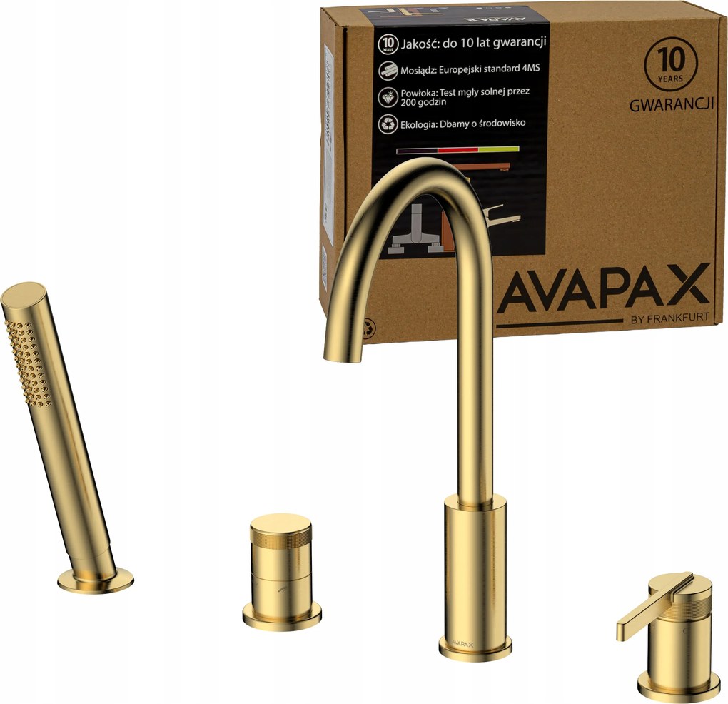 Kádtöltő csaptelep álló 4 lyukú zuhanyzóval Arany szálcsiszolt Avapax
