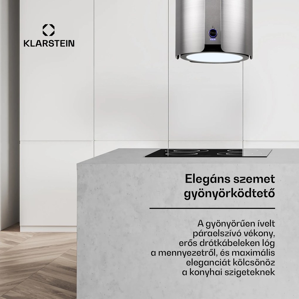 Klarstein Skyfall, sziget páraelszívó, Ø 45 cm, légkeringetés, 402 m³/ó, LED, nemesacél, ezüst