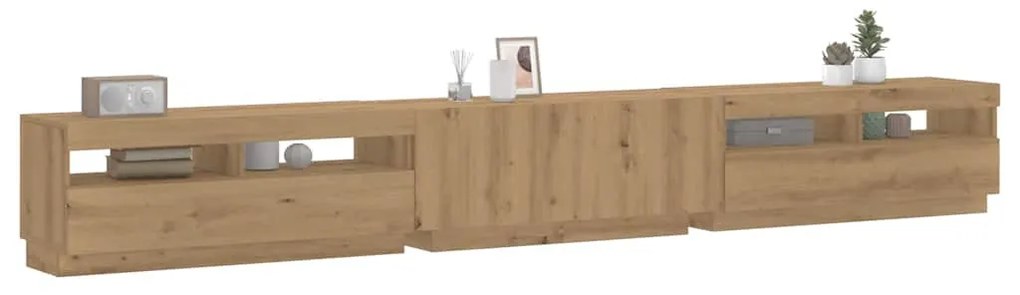 kézműves tölgy szerelt fa TV-szekrény LED-ekkel 300x35x40 cm