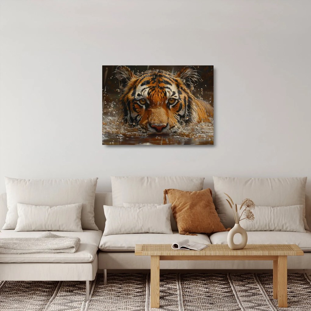 Üveg kép - Portré egy tigris a vízben (70x50 cm)