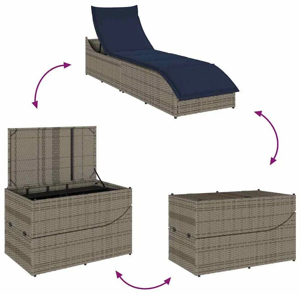 összecsukható napozóágy párnával és tárolóval szürke polyrattan