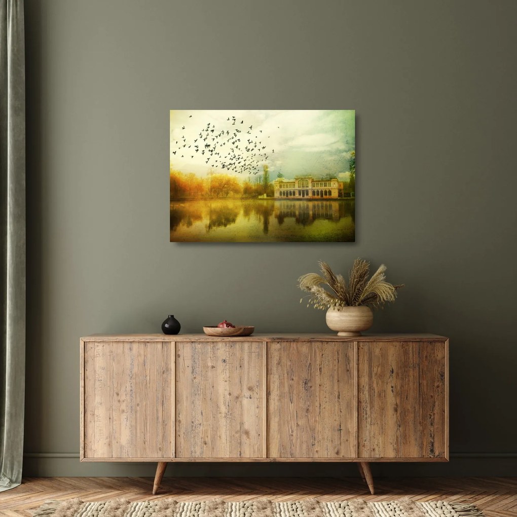 A festett táj képe lakóhelyel (üvegen) (70x50 cm)