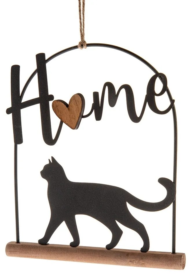 Fém függő dekoráció fa alapon Macska, 16 x 18 cm