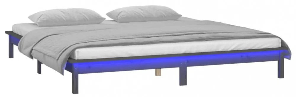 kis kétszemélyes szürke tömör fa LED-es ágykeret 120 x 190 cm
