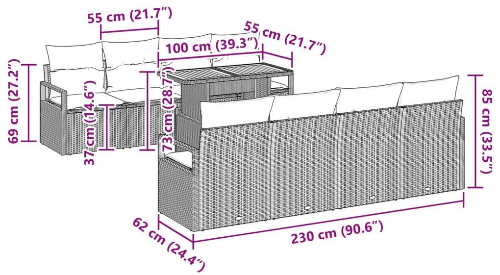 Kerti Kanapé Szett 9 pcs Barna és szürke 100 x 55 x 73 cm