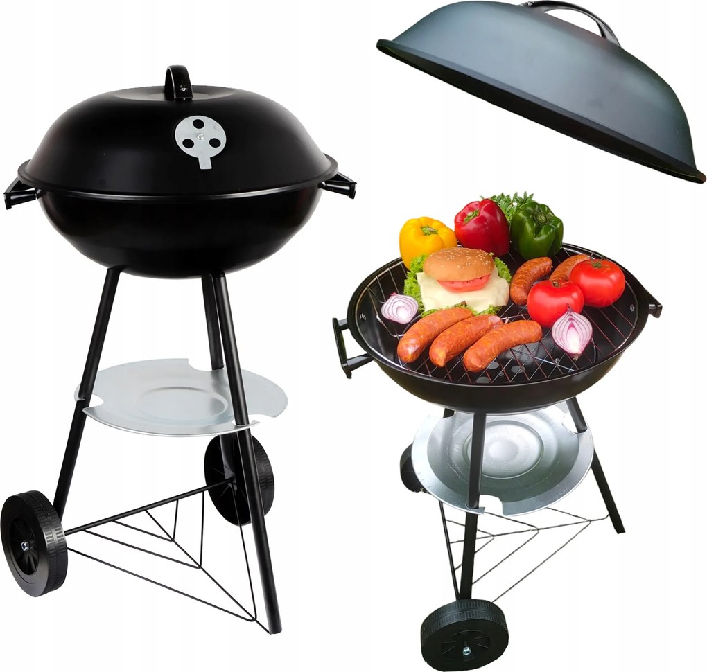 Bbq nagy méretű faszenes kerti grill fedővel és hamutartóval a kerekeken