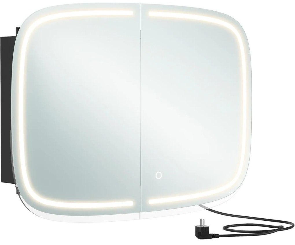 Tükörszekrény világítással, Fali szekrény,  AC csatlakozóval és 2 USB porttal, fekete Outlet