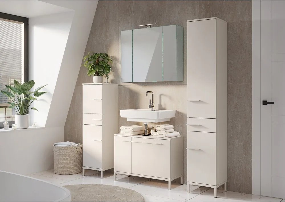 Krémszínű matt magas-keskeny fürdőszoba szekrény 34x123 cm Laurino – Germania