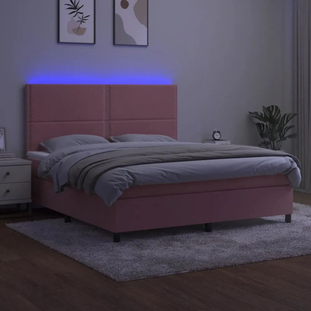 rózsaszín bársony rugós és LED-es ágy matraccal 160x200 cm