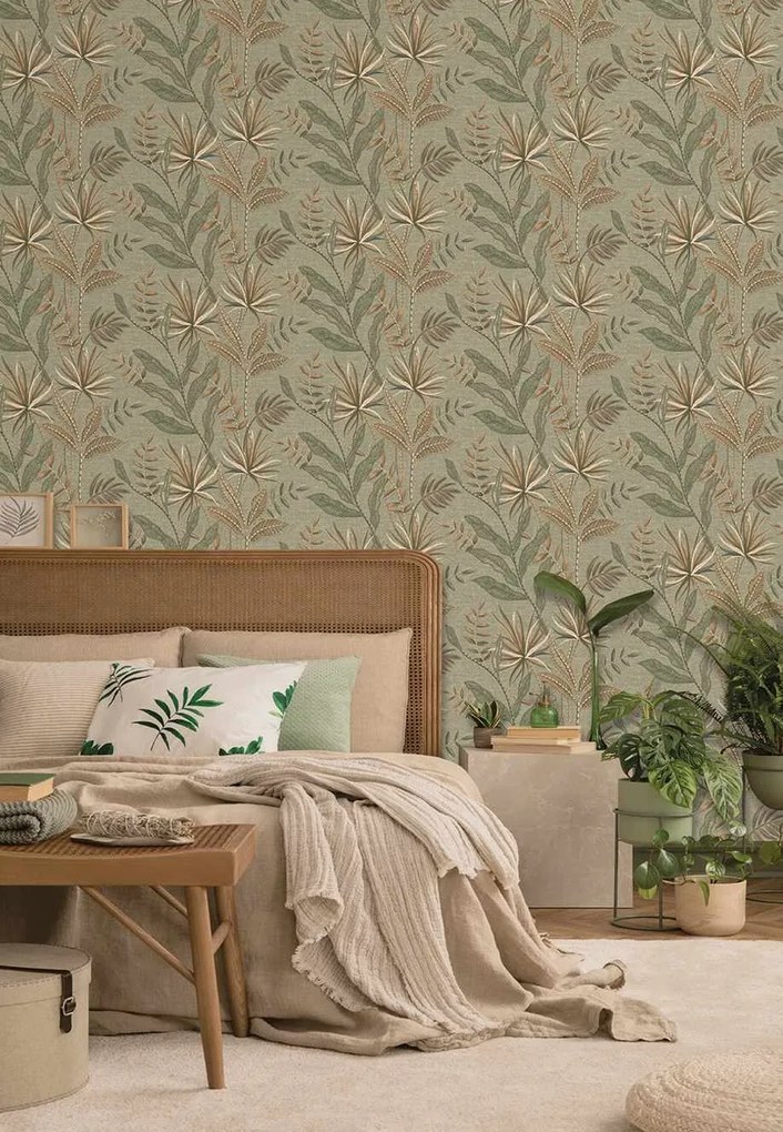 Decoprint Terra Nova Tropical Weave barna-szürke leveles texturált vlies tapéta – TN29083