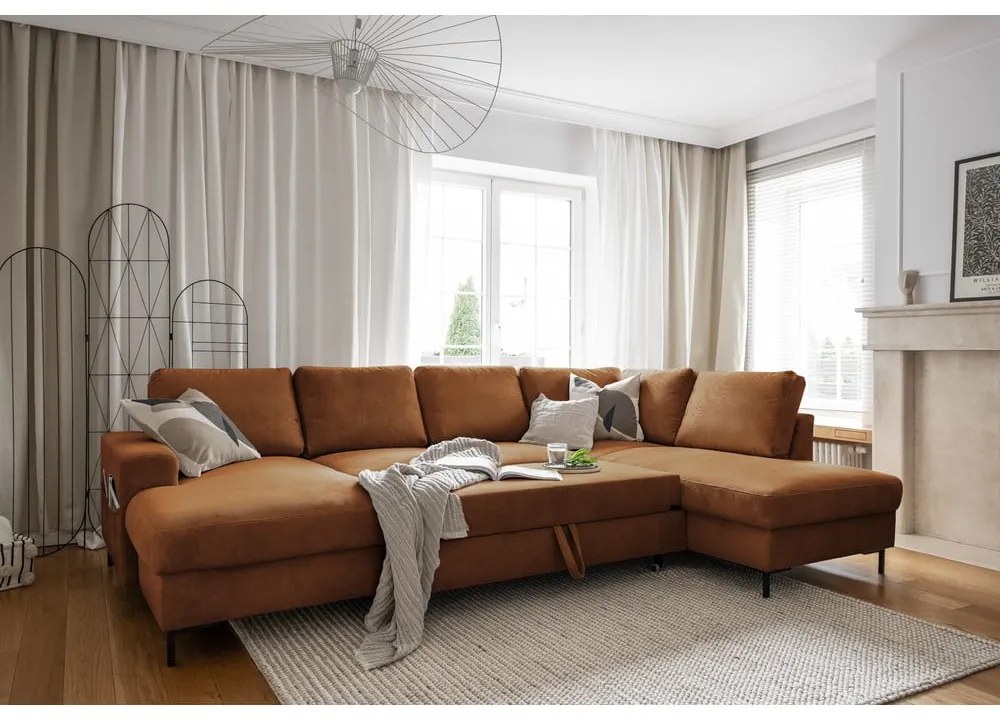 Narancssárgásbarna kordbársony kinyitható sarokkanapé (jobb oldali) Lofty Lilly – Miuform