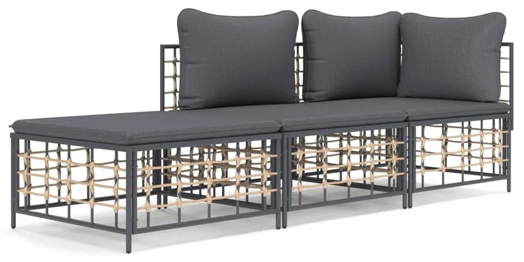 3 részes antracitszürke polyrattan kerti ülőgarnitúra párnákkal