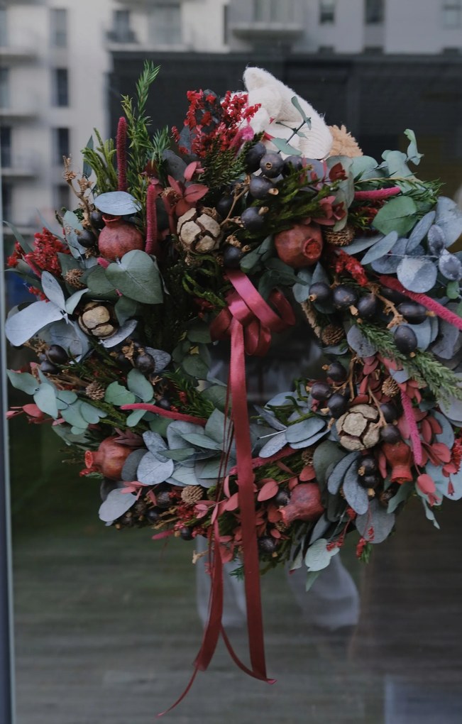 Burgundy ajtódísz, 30 cm-es koszorú, Karácsony, karácsonyi koszorú