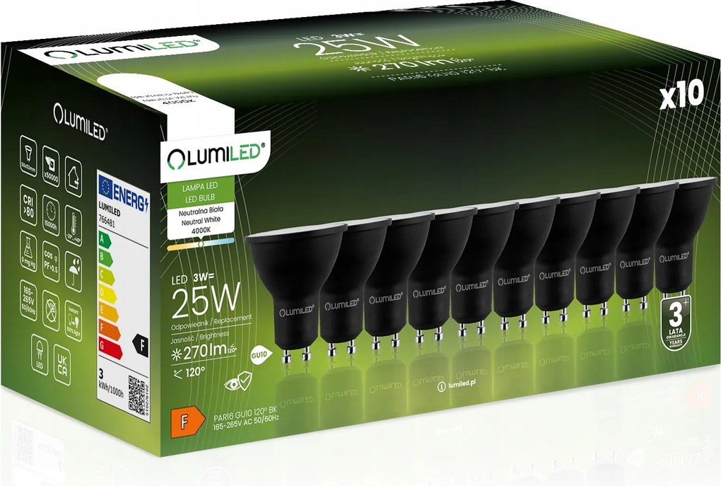 10x Led izzó GU10 3W 270lm 4000K Semleges 120° Fekete Hatékony Prémium