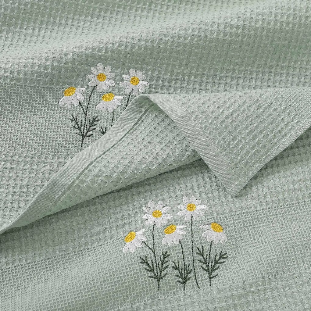 Goldea hímzett waffle konyharuha - kamilla zsálya alapon 50 x 70 cm