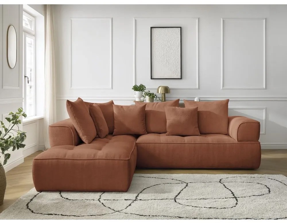 Terrakotta színű zsenília sarokkanapé (bal oldali-L alakú) Whesley – Bobochic Paris