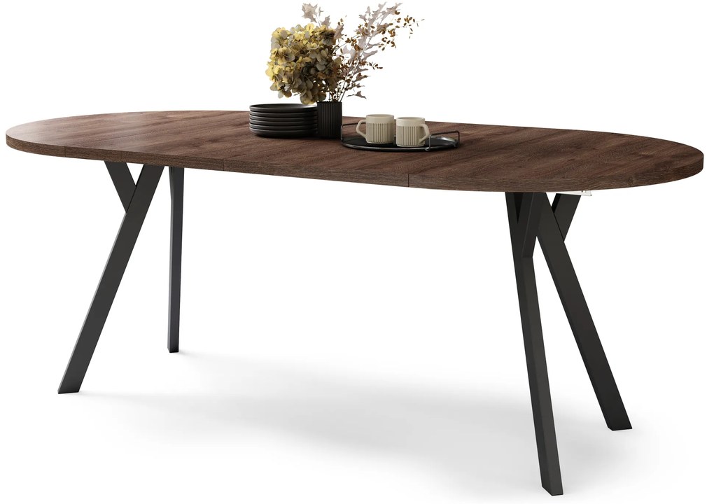 Mazzoni ALMO Barna tölgy/fekete lábak - BŐVÍTHETŐ KEREK ASZTAL Y ALAKÚ LÁBAKKAL LOFT/IPARI STÍLUSÚ NAPPALIBA/ÉTKEZŐBE