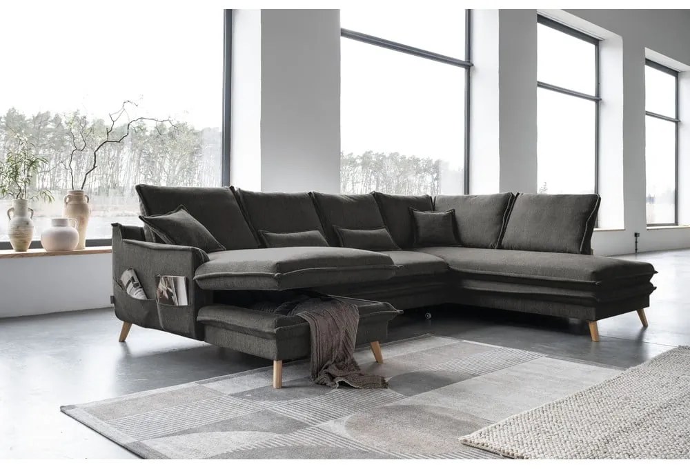 Sötétszürke kinyitható sarokkanapé (jobb oldali-U alakú) Charming Charlie – Miuform
