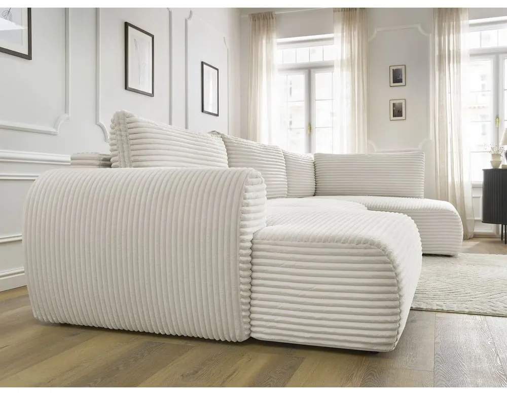 Krémszínű kordbársony kinyitható sarokkanapé (bal oldali-U alakú) Lucien – Bobochic Paris