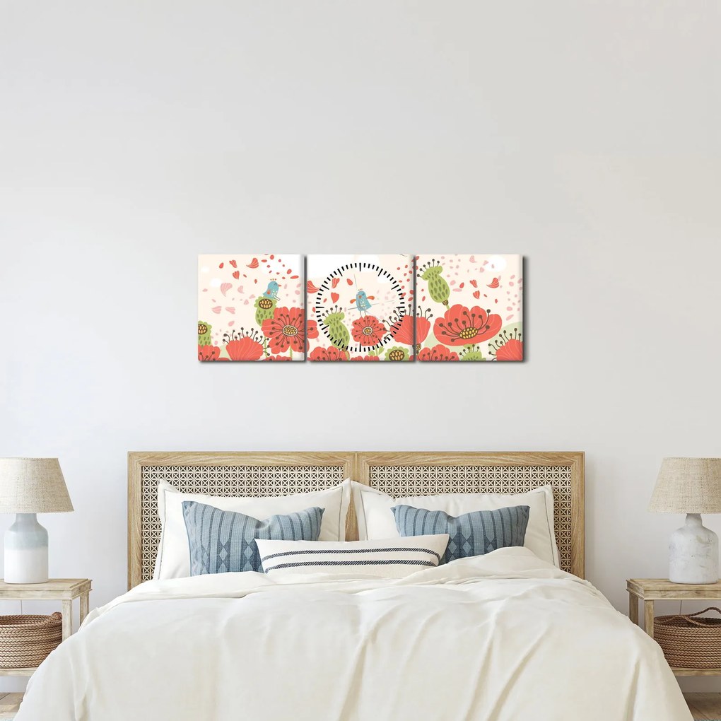 Kép - Madarak egy virágzó réten (órával) (90x30 cm)